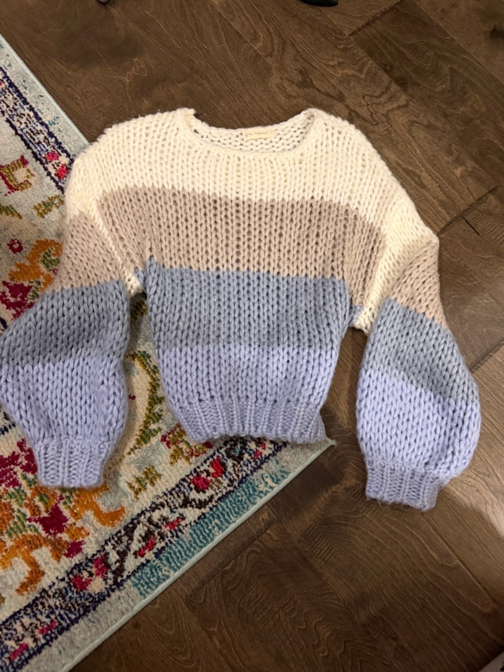By Together Striped Chunky Knit Pullover in Cream, Beige & Light Blue